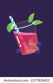 Cocktail alcohol drink in glass cup with straw and ice cube vector illustration