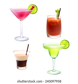 Cocktail alcohol drinks realistic decorative icons set with cosmopolitan bloody mary b-52 margarita isolated vector illustration