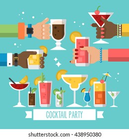 Cocktail alcohol party concept for web and graphic design. Hands holding cocktail drinks