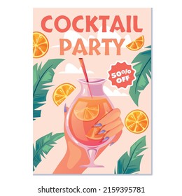 Cocktail Alcohol Party Resort Bar Pub Flyer Cover Concept. Vector Flat Cartoon Graphic Design Illustration