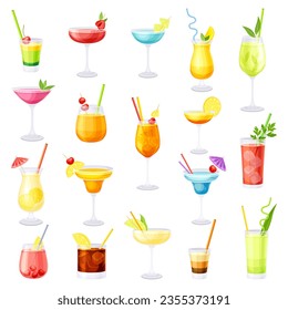 Cocktail and Alcoholic Beverages in Glass with Straw Big Vector Set