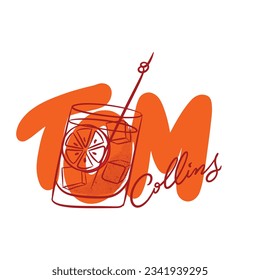 Cocktail alcoholic in a glass hand drawn engraving vector illustration. Color ink hand-drawn sketch on white background. Tom Collins drink. Illustration and typography mix.