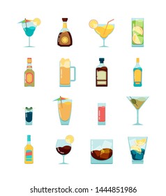 Cocktail alcoholic icon. Martini vodka and different alcoholic summer drinks vector flat pictures. Illustration of martini and gin, drink alcoholic liquid, brandy and beer