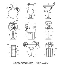 Cocktail Alcoholic Set, Vector Line Art Design