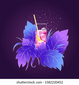 Cocktail alcoholic sparkling water with ice and lemon mojito tropical leaves menu poster bright beautiful graphics for poster design or foliage or menu purple and pink neon