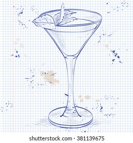 Cocktail alcoholic Stinger on a notebook page. 