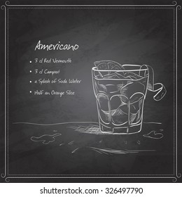 Cocktail americano on black board with ingredients. Alcohol cocktails theme.