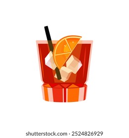 Cocktail Americano. Refreshing drink with orange and ice. Vector illustration.