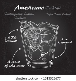 Cocktail americano scetch, classic alcoholic masterpieces. Based on citrus, red vermouth and soda on chalk-board