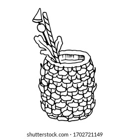 Cocktail in ananas line icon. Hand drawn ink vector illustration isolated on white background for logotype, infographic menu design.