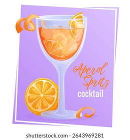Cocktail Aperol syringe in a glass, orange slice, peel, ice, on a purple background. The concept of a party, cocktail bar, summer. Isolated vector illustration for menu design, posters, banners