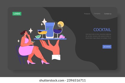 Cocktail Appreciation web or landing. A serene moment of cocktail enjoyment, capturing the essence of taste and leisure. Reflective solitude in flavor discovery. Flat vector illustration