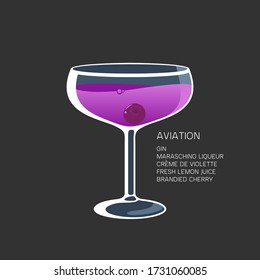 Cocktail Aviation, low-alcohol drink. Maraschino liqueur, fresh lemon juice, gin and brandied cherry vector illustration