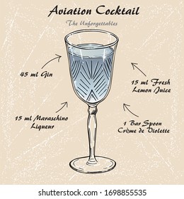 Cocktail Aviation recipe vector, low-alcohol drink sketch
