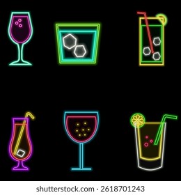 Cocktail background. Vector illustration of abstract bright neon colorful different cocktail glasses. neon drinks.