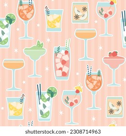 Fondo de cóctel Vector patrón de bebidas bonitas en diferentes tipos de vasos. Cócteles de verano en diferentes tipos de gafas para menú, boda, fondo, banner, cabecera, sitio web