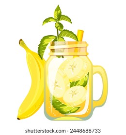 Cocktail with banana. Refreshing drink in a can with banana. Summer juice with banana. Smoothie with fresh fruit. Lemonade with banana. Vector illustration.