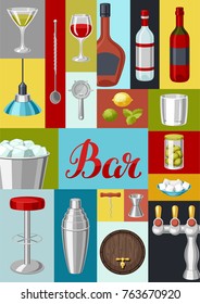 Cocktail bar background. Essential tools, glassware, mixers and garnishes