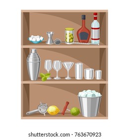 Cocktail bar background. Essential tools, glassware, mixers and garnishes