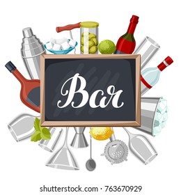 Cocktail bar background. Essential tools, glassware, mixers and garnishes