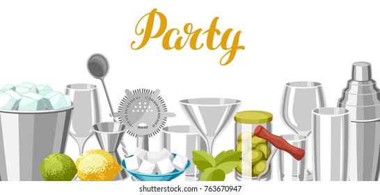 Cocktail bar background. Essential tools, glassware, mixers and garnishes