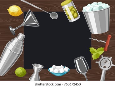 Cocktail bar background. Essential tools, glassware, mixers and garnishes