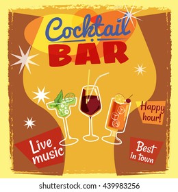 Cocktail bar, cocktails, drinks, party, vintage, 50th, banner, vector illustration