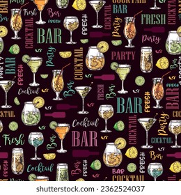 Cocktail bar colorful seamless pattern with glasses with cold refreshing drinks with addition of alcohol for fun holiday vector illustration