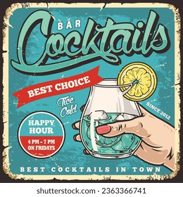 Cocktail bar colorful vintage poster with woman hand holding turquoise mojito drink with ice and lemon wedges vector illustration