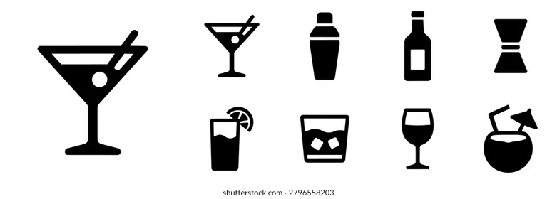 Cocktail Bar Drink Glass and Bartender Silhouette Icon Set Silhouette vector icons of various types of bar tools and drinks including martini glasses shakers beverage bottles measuring jiggers highball glasses wine glasses and tropical coconut drinks ideal for restaurant cafe bar menu designs and party events