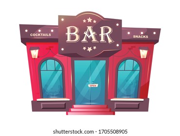 Cocktail bar entrance cartoon vector illustration. Luxury pub exterior flat color object. Cafe brick building front. Premium beverage place. Restaurant entrance isolated on white background