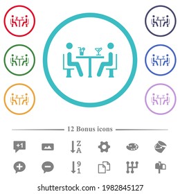 Cocktail bar flat color icons in circle shape outlines. 12 bonus icons included.