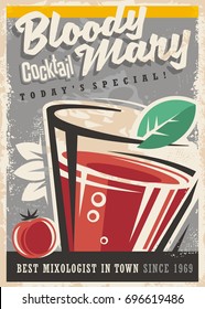 Cocktail bar with glass and Bloody Mary cocktail on old paper texture. Alcoholic drinks vintage promotional design. Retro poster design for cocktail lounge.