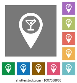 Cocktail bar GPS map location flat icons on simple color square backgrounds