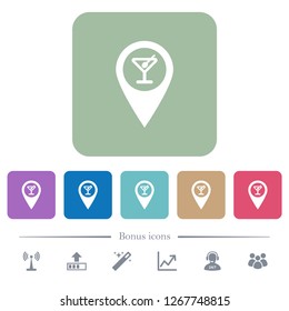 Cocktail bar GPS map location white flat icons on color rounded square backgrounds. 6 bonus icons included