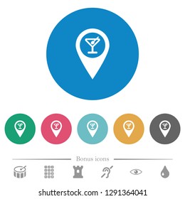 Cocktail bar GPS map location flat white icons on round color backgrounds. 6 bonus icons included.