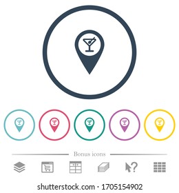 Cocktail bar GPS map location flat color icons in round outlines. 6 bonus icons included.