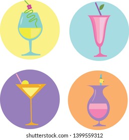 Cocktail bar icon hand drawn alcoholic drinks, cocktails simple set. Summer holiday and beach party concept. Isolated icons.