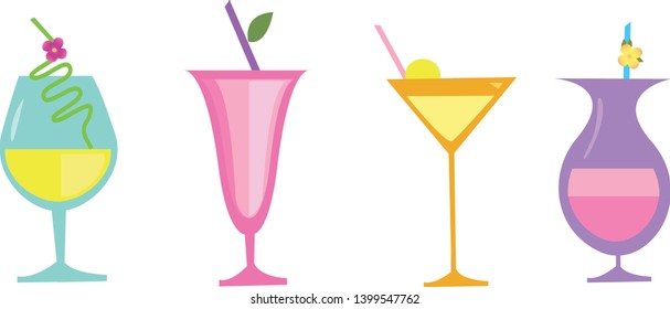 Cocktail bar icon simple set.Set of hand drawn alcoholic drinks, cocktails. Summer holiday and beach party concept. Isolated icons.