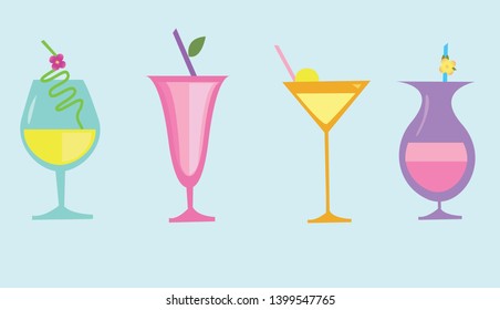 Cocktail bar icon simple set.Set of hand drawn alcoholic drinks, cocktails. Summer holiday and beach party concept. Isolated icons.