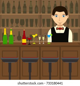 Cocktail bar inside with barman and bar counter. Bartender with glasses of wine and cocktails. Drinking establishment. Interior of pub, cafe or bar. Bar counter, chairs, shelves with alcohol bottles.