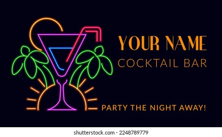 Cocktail bar, invitation card with your name. Party night away, tasty alcoholic drinks and beverages, fun and celebration. Promotional banner or advertisement with logotype, vector in flat style