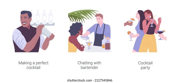 Cocktail bar isolated cartoon vector illustrations set. Bartender holding shaker in hands and making cocktail, girl talking with barman, people dancing and drinking at party in bar vector cartoon.