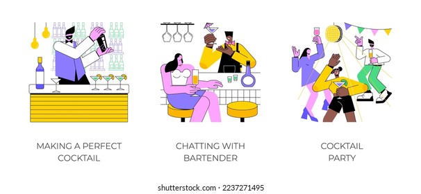 Cocktail bar isolated cartoon vector illustrations set. Bartender holding shaker in hands and making cocktail, girl talking with barman, people dancing and drinking at party in bar vector cartoon.