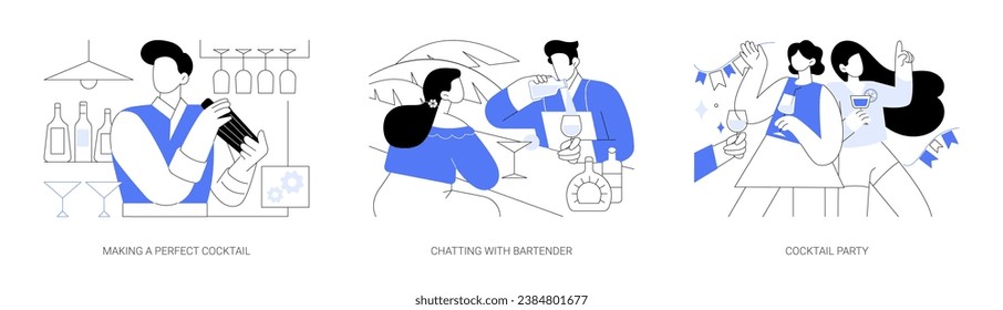 Cocktail bar isolated cartoon vector illustrations set. Bartender holding shaker in hands and making cocktail, girl talking with barman, people dancing and drinking at party in bar vector cartoon.