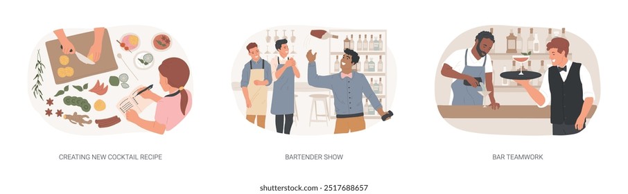 Cocktail bar isolated cartoon vector illustrations set. Creating new drink recipe, mixing ingredient, using shaker, bartender show, participate in competition, staff teamwork vector cartoon.