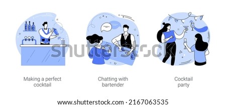 Cocktail bar isolated cartoon vector illustrations set. Bartender holding shaker in hands and making cocktail, girl talking with barman, people dancing and drinking at party in bar vector cartoon.