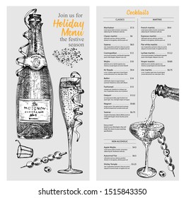 Cocktail bar menu design template set in retro style Isolated on gray background. Hand drawn glass and bottle champagne. Vintage wine card. Alcohol beverage symbol. Graphic vector illustration art.