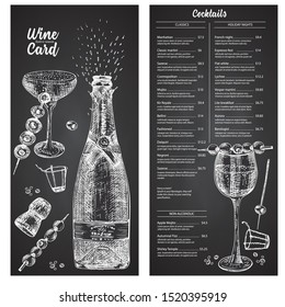 Cocktail bar menu design template set in retro style Isolated on on black chalckboard background. Hand drawn glass and bottle champagne. Vintage wine card. Alcohol beverage symbol. Vector illustration