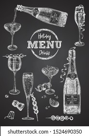 Cocktail bar menu design template set in retro style Isolated on on black chalckboard background. Hand drawn glass and bottle champagne. Vintage wine card. Alcohol beverage symbol. Vector illustration